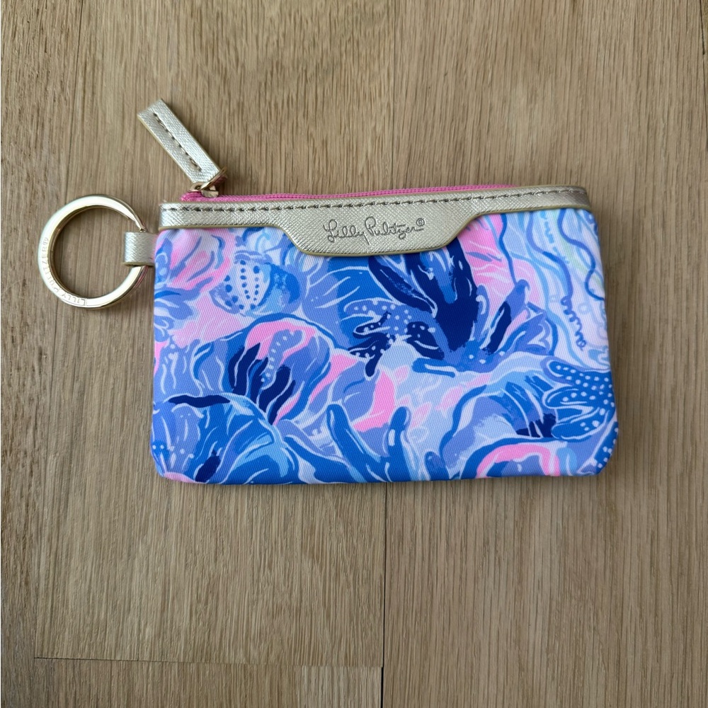 Lilly Pulitzer Blue and Pink Floral Key Pouch with Gold Trim. 5.2” x 3.25”